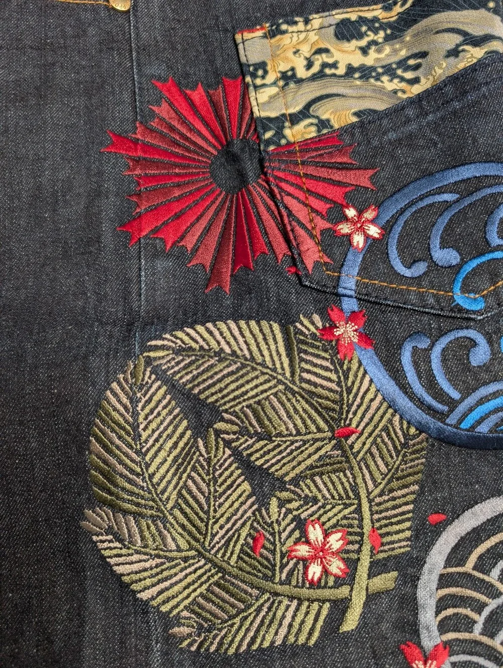 Very Rare..Dark Indigo Flare Jeans with Multicolor Japanese Floral Embroidery